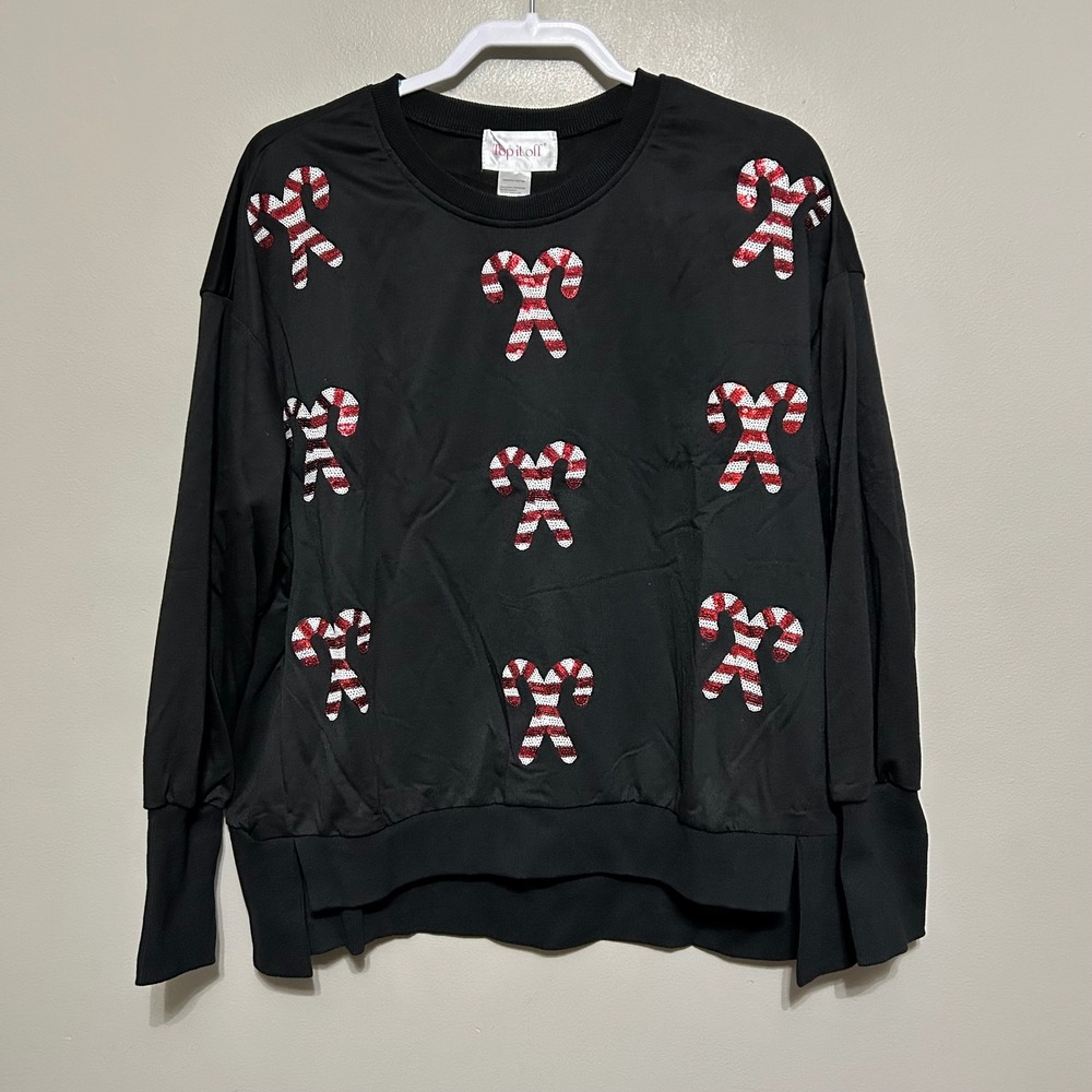 Top It Off Black Sequin Candy Cane Holiday Christmas Sweatshirt M/L Winter Cozy